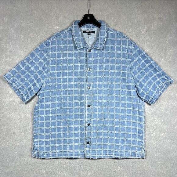 Fashion Nova Boxy Collar Saturday Morning Distressed Denim Shirt - Blue Wash XL - Picture 1 of 12